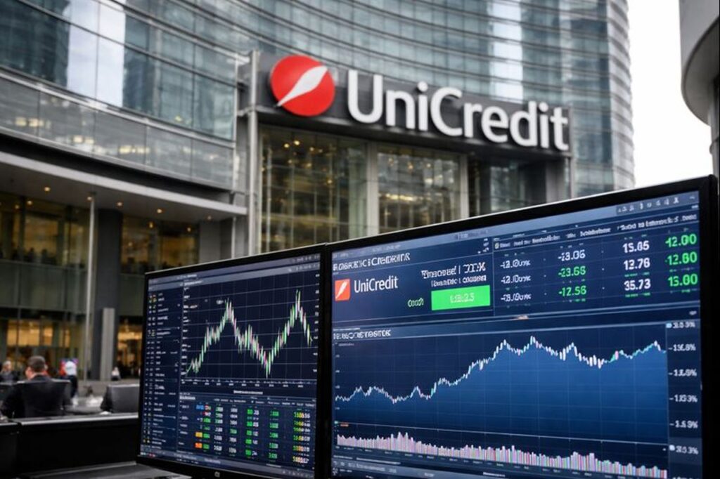 Schermi con grafici finanziari e la scritta Unicredit con il logo sullo sfondo