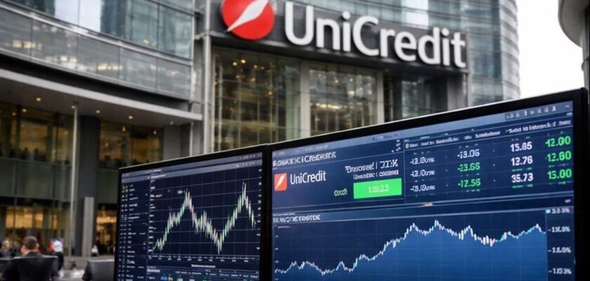 Schermi con grafici finanziari e la scritta Unicredit con il logo sullo sfondo
