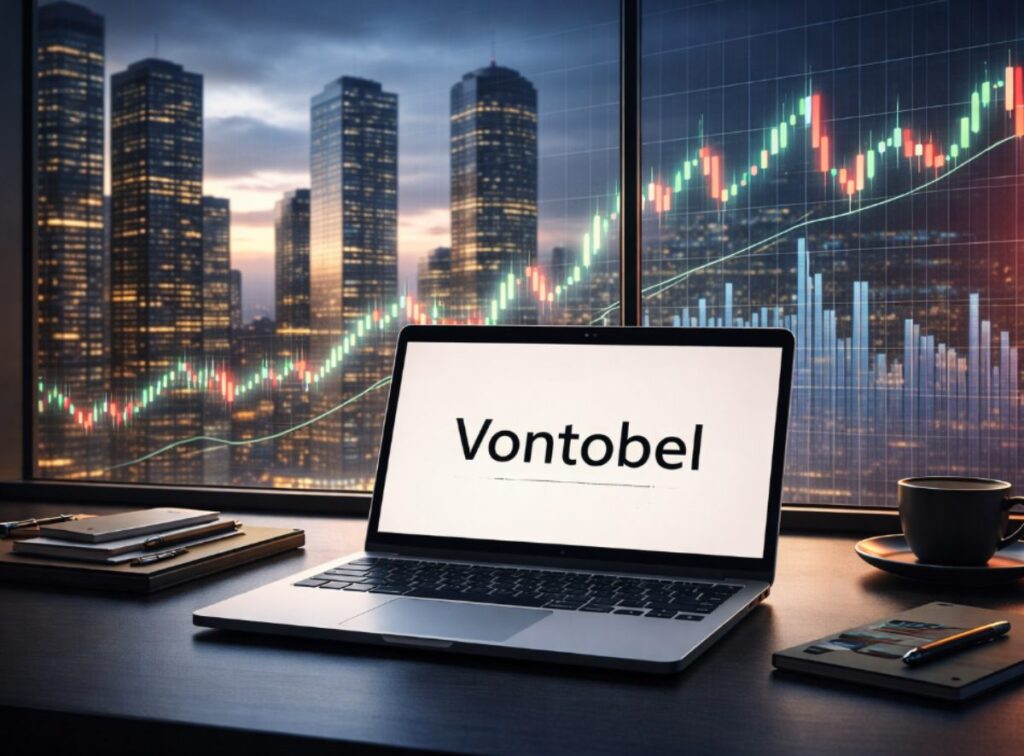 laptop con logo Vontobel e palazzi sullo sfondo