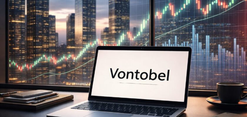 laptop con logo Vontobel e palazzi sullo sfondo