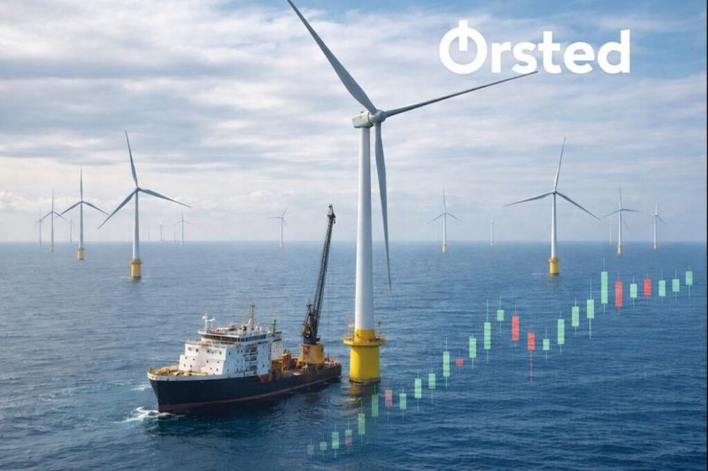 Un impianto eolico offshore. Il logo Orsted in sovrimpressione insieme a un grafico a candele