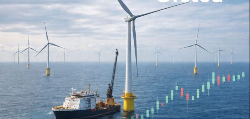 Un impianto eolico offshore. Il logo Orsted in sovrimpressione insieme a un grafico a candele
