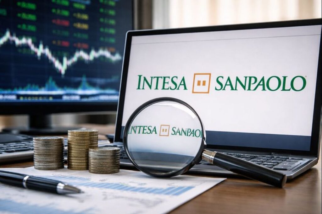 Lo schermo di un pc con il logo Intesa Sanpaolo. Sullo sfondo uno schermo con un grafico finanziario