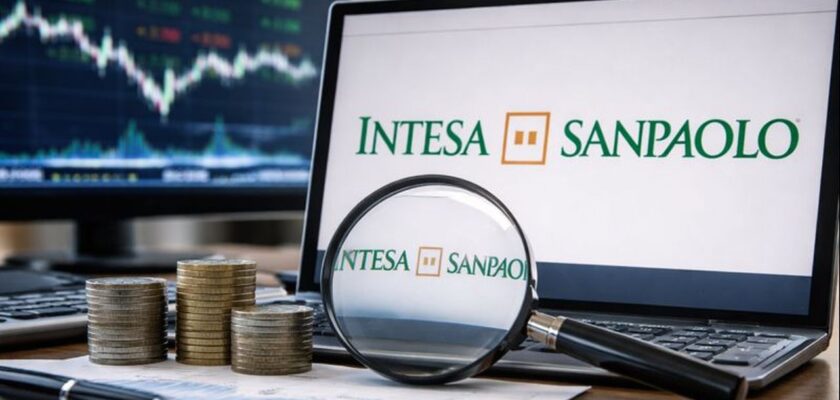 Lo schermo di un pc con il logo Intesa Sanpaolo. Sullo sfondo uno schermo con un grafico finanziario