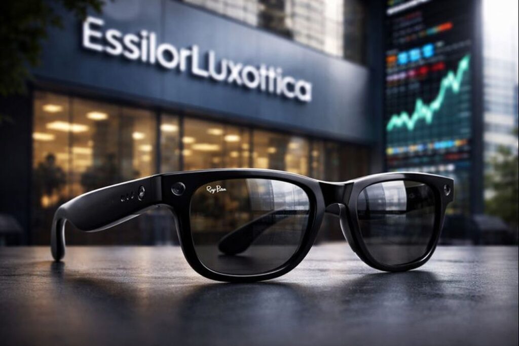 Un punto vendita con il logo EssilorLuxottica in grande sull'entrata e un paio di occhiali da sole in primo piano