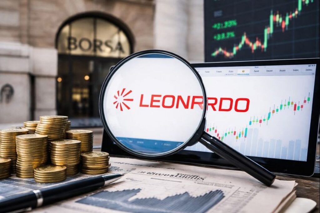 Una lente che ingrandisce il logo Leonardo che appare sullo schermo di un pc