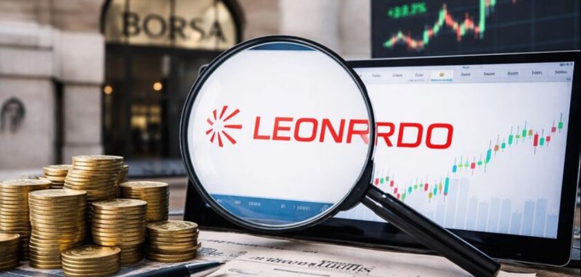 Una lente che ingrandisce il logo Leonardo che appare sullo schermo di un pc