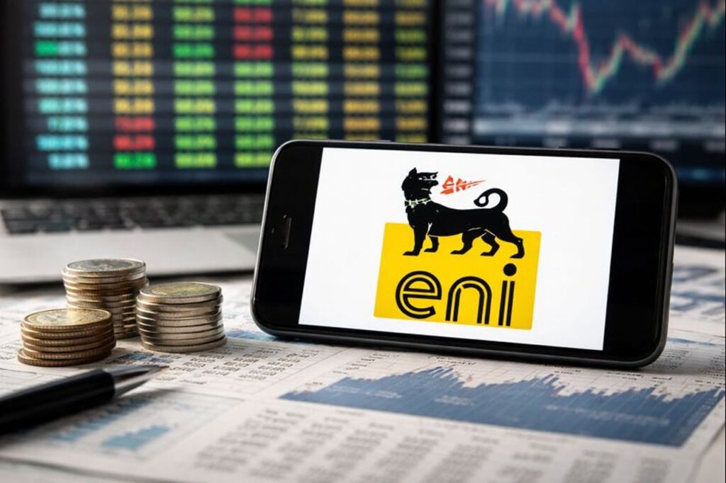 Un dispositivo mobile che mostra sullo schermo il logo Eni e dei dati finanziari su schermi pi&ugrave; grandi sullo sfondo