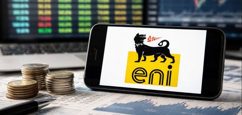 Un dispositivo mobile che mostra sullo schermo il logo Eni e dei dati finanziari su schermi più grandi sullo sfondo