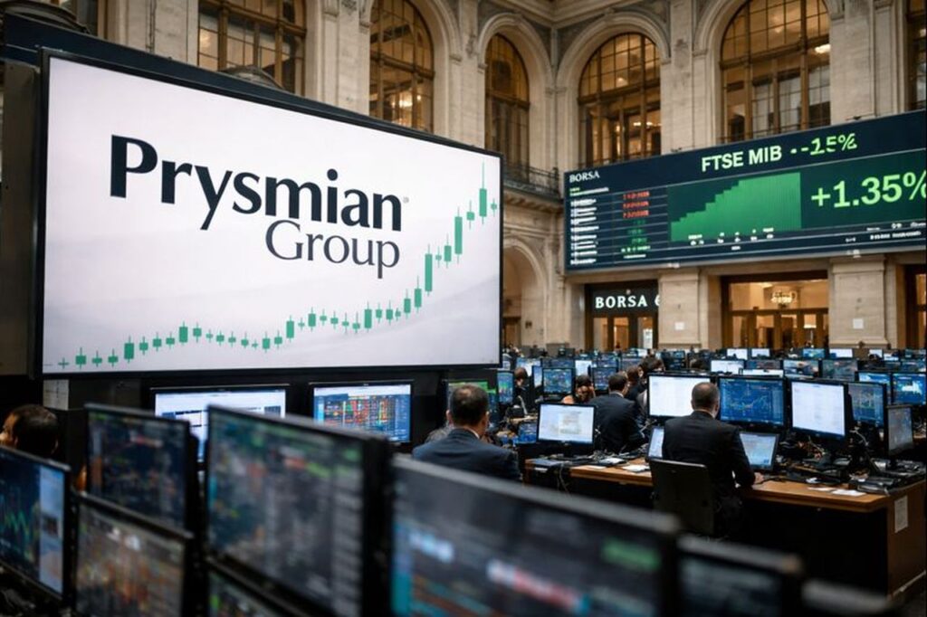 Un maxi schermo con la scritta Prysmian e un grafico a candele. Sullo sfondo la Borsa di Milano