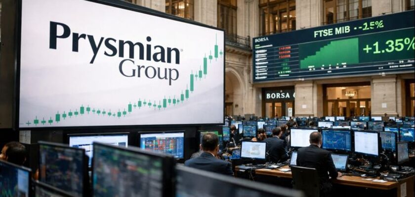 Un maxi schermo con la scritta Prysmian e un grafico a candele. Sullo sfondo la Borsa di Milano