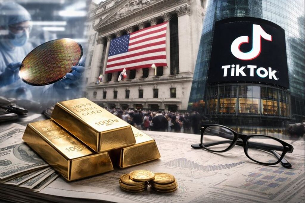 Il logo di TikTok, l'edificio della FED con la bandiera degli USA, dei lingotti d'oro in primo piano