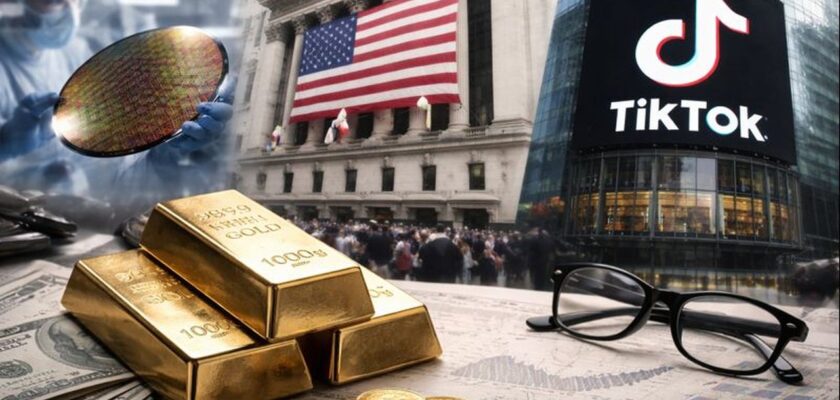 Il logo di TikTok, l'edificio della FED con la bandiera degli USA, dei lingotti d'oro in primo piano