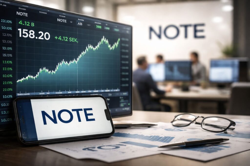 Logo Note sullo schermo di un dispositivo mobile poggiato su una scrivania. Su uno schermo più grande un grafico finanziario e il logo Note anche sullo sfondo in lontananza