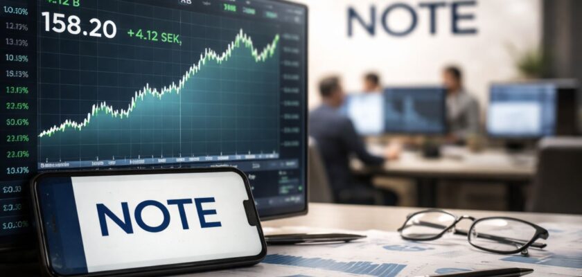 Logo Note sullo schermo di un dispositivo mobile poggiato su una scrivania. Su uno schermo più grande un grafico finanziario e il logo Note anche sullo sfondo in lontananza