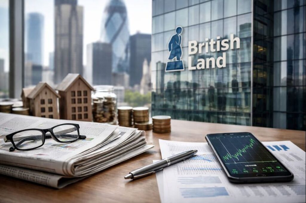 Una scrivania in primo piano e la vista sulla City of London sullo sfondo