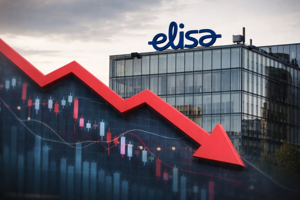 Un palazzo con la scritta elisa in cima. In primo piano un grafico a candele con una freccia rossa verso il basso