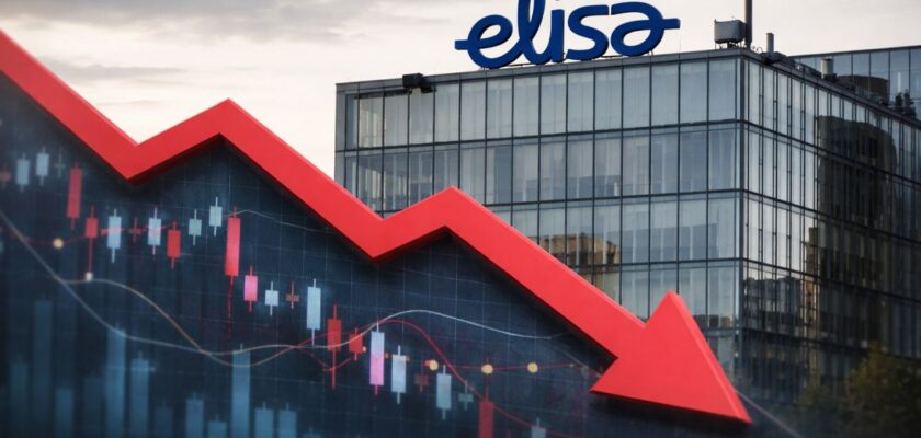 Un palazzo con la scritta elisa in cima. In primo piano un grafico a candele con una freccia rossa verso il basso