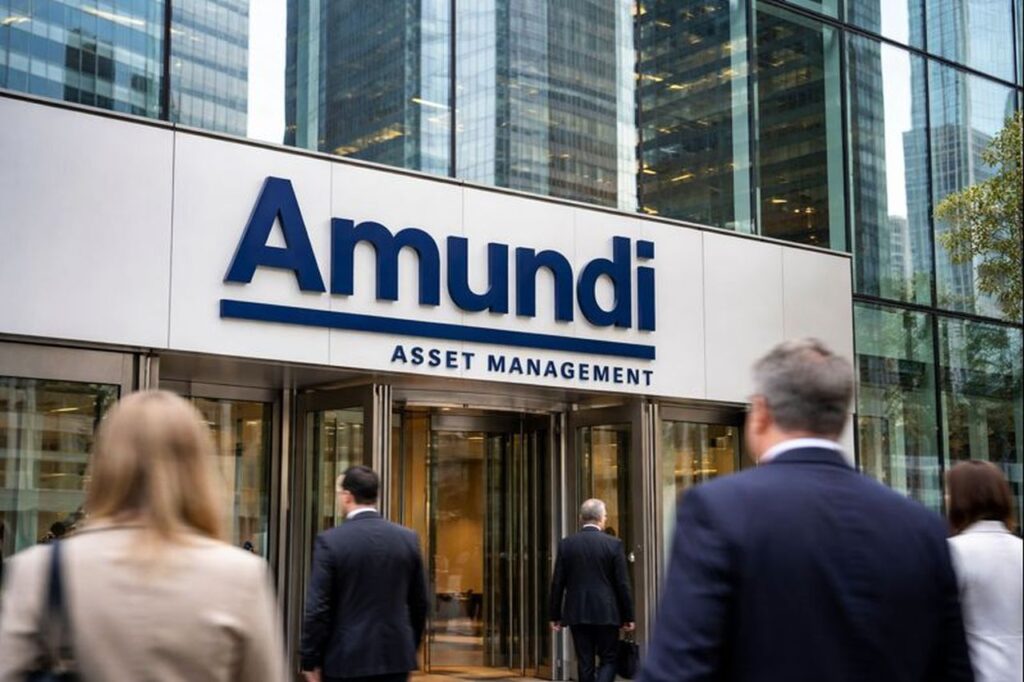 L'entrata di un edificio con la scritta Amundi