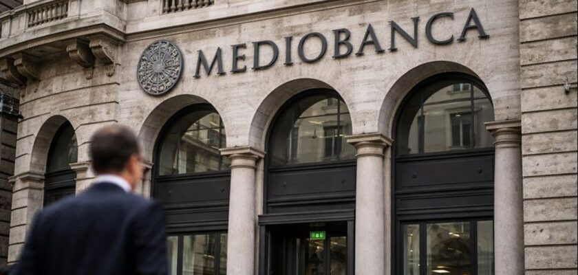 Un edificio storico con insegna Mediobanca sull'entrata
