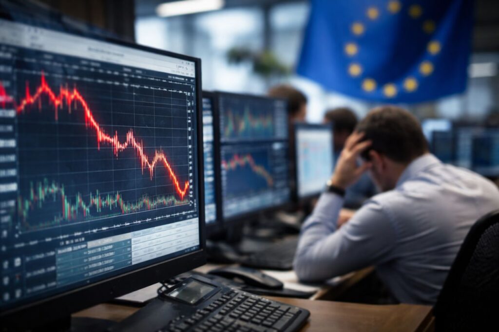 Uno schermo con un grafico finanziario e un trader sullo sfondo