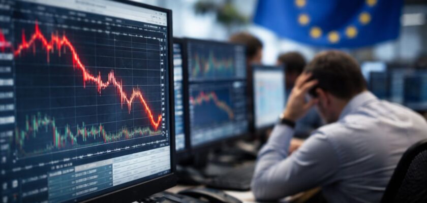 Uno schermo con un grafico finanziario e un trader sullo sfondo