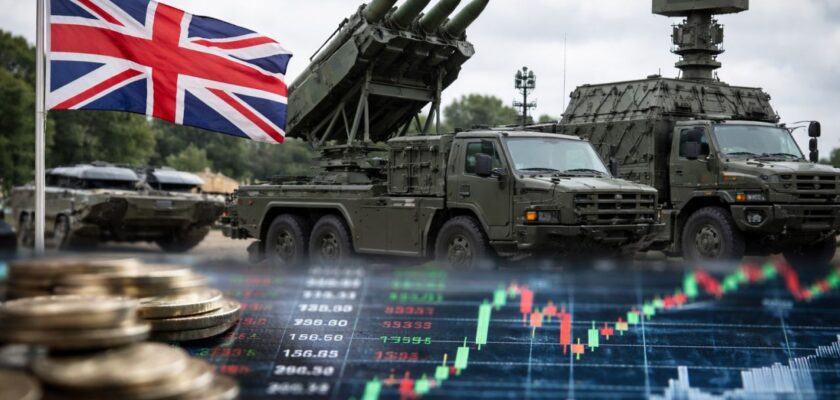 Mezzi militari con la bandiera del Regno Unito in alto a destra e un grafico finanziario in trasparenza in basso