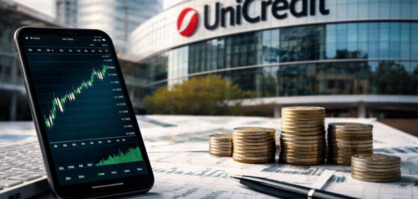 Un edificio con il logo Unicredit in cima. In primo piano delle monetine e uno smartphone che mostra un grafico finanziario