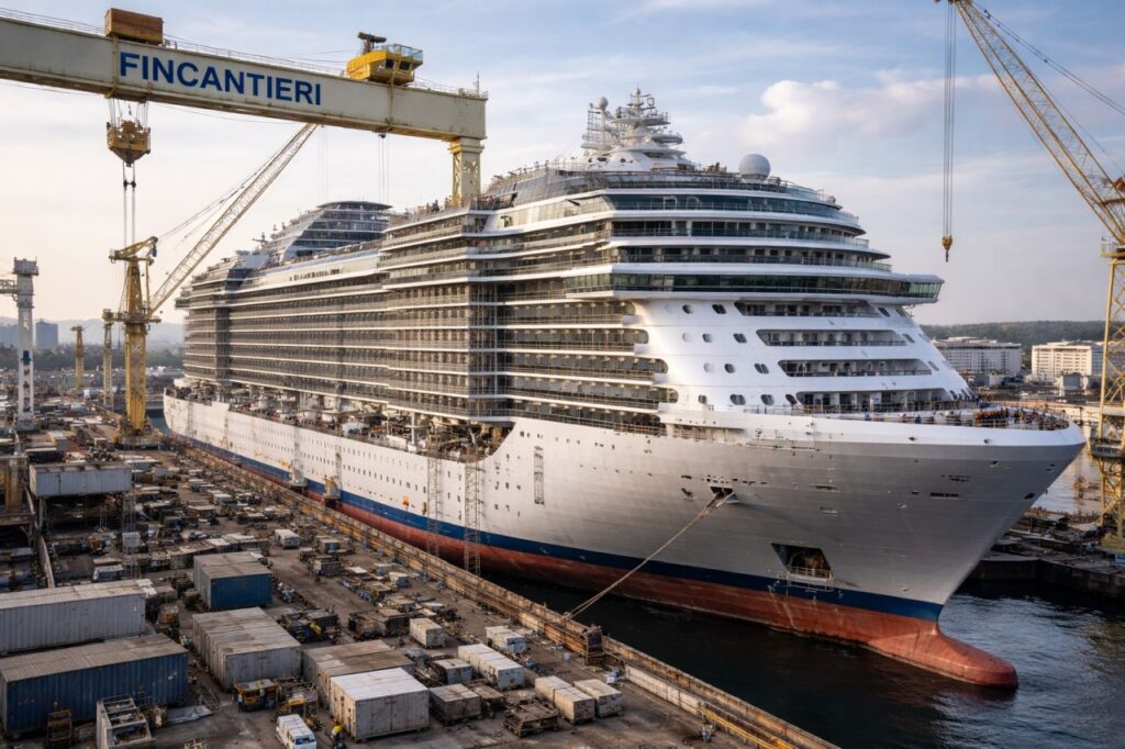 Una nave ormeggiata in un porto industriale e la scritta Fincantieri su un braccio meccanico