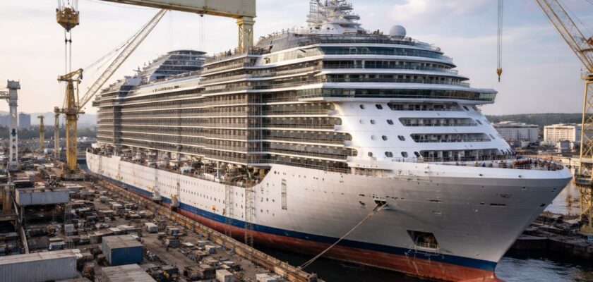 Una nave ormeggiata in un porto industriale e la scritta Fincantieri su un braccio meccanico