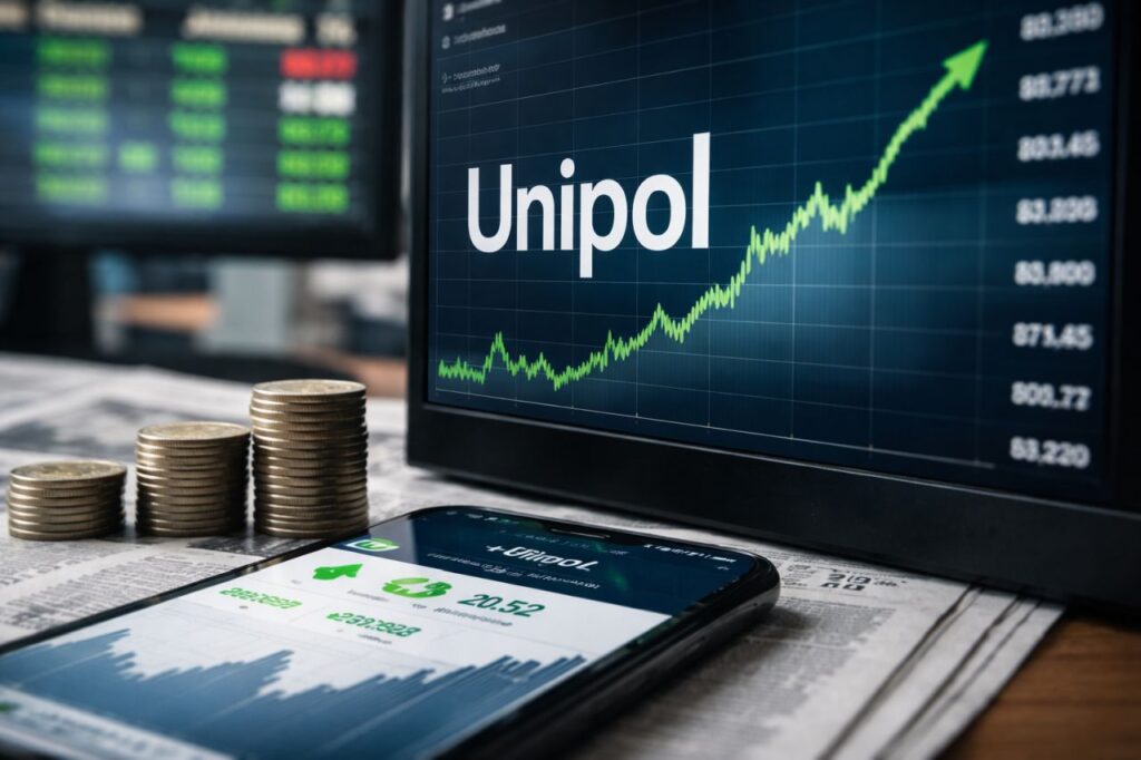 Uno schermo con un grafico finanziario e la scritta Unipol
