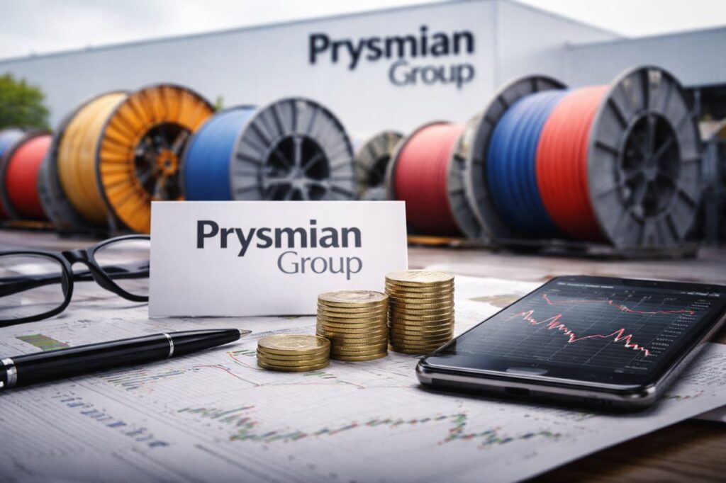 Dei fogli con dei grafici finanziari, un segnaposto con la scritta Prysmian e delle monetine