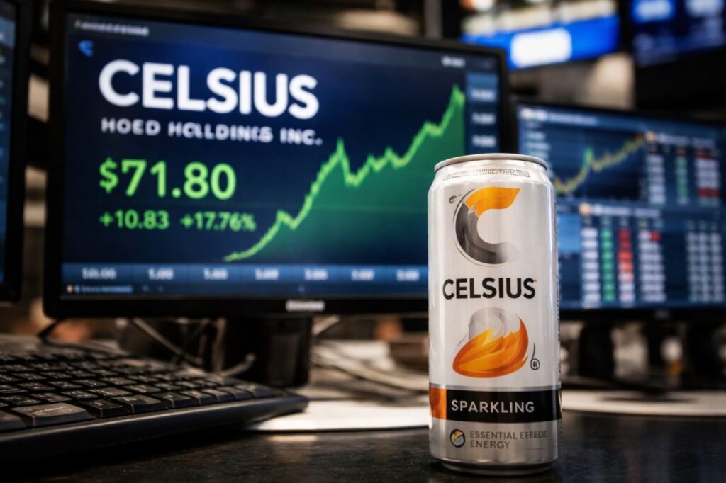 Una lattina di Celsius in primo piano su una scrivania, con monitor finanziari sullo sfondo che mostrano un forte rialzo del titolo