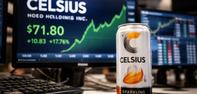 Una lattina di Celsius in primo piano su una scrivania, con monitor finanziari sullo sfondo che mostrano un forte rialzo del titolo