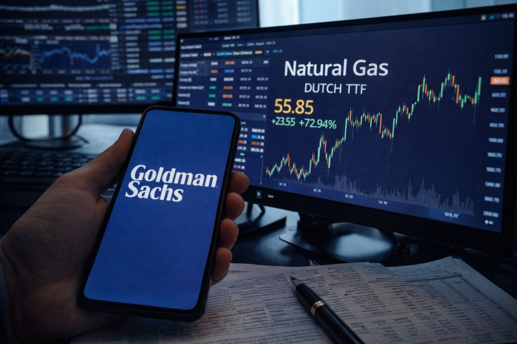 Smartphone con logo Goldman Sachs davanti a monitor con grafico del gas in forte rialzo