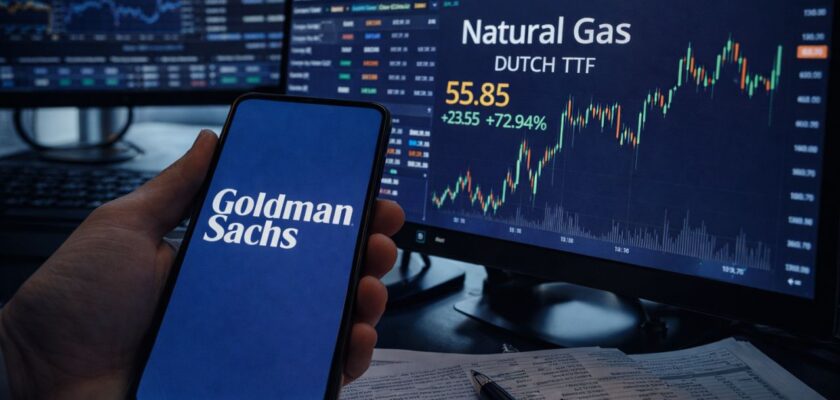Smartphone con logo Goldman Sachs davanti a monitor con grafico del gas in forte rialzo