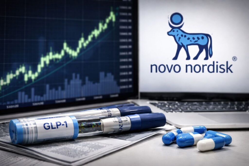 Granuli di farmaco in primo piano su un tavolo; sullo sfondo sfocato un grafico finanziario in crescita e il logo di Novo Nordisk