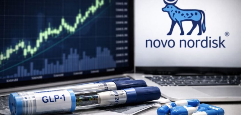 Granuli di farmaco in primo piano su un tavolo; sullo sfondo sfocato un grafico finanziario in crescita e il logo di Novo Nordisk