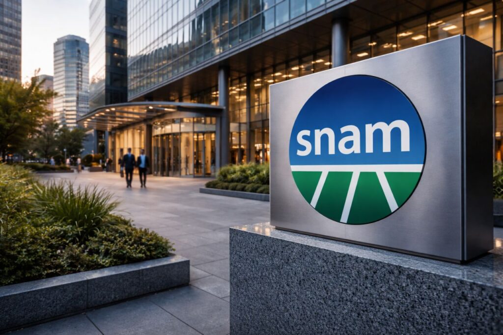Edificio moderno con insegna Snam in primo piano davanti all&rsquo;ingresso della sede aziendale