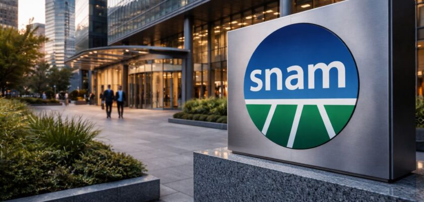 Edificio moderno con insegna Snam in primo piano davanti all’ingresso della sede aziendale