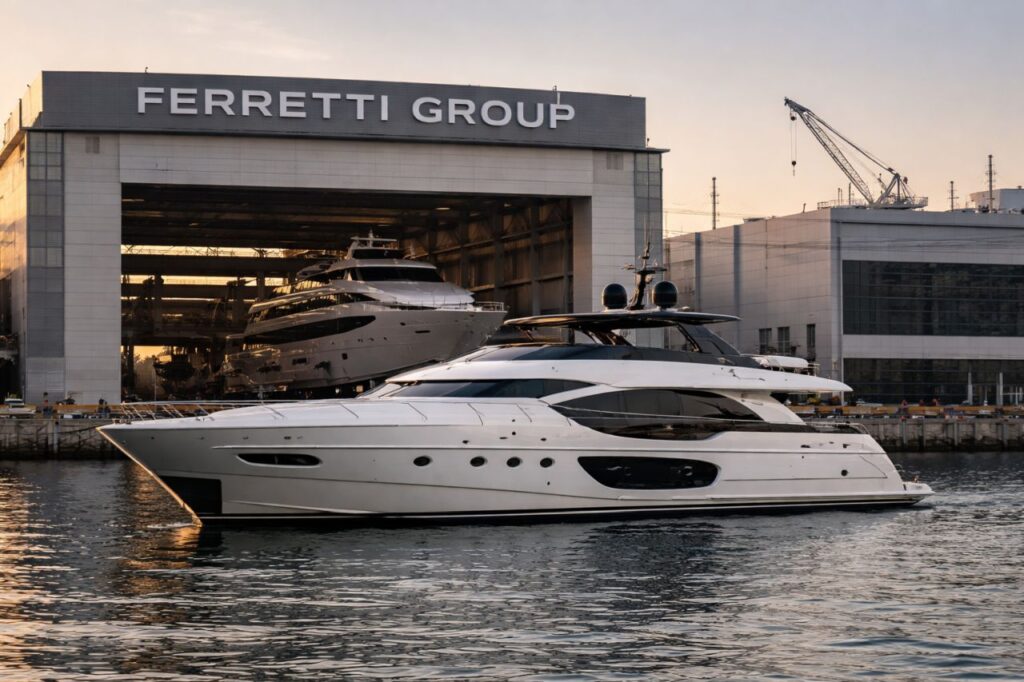 Yacht Ferretti ormeggiato davanti a un cantiere navale