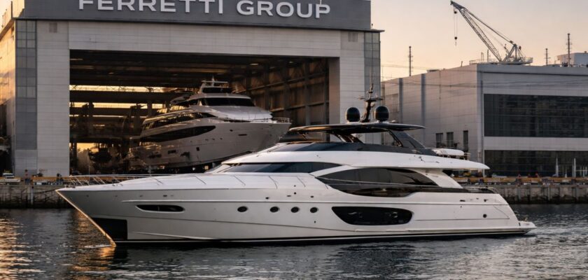 Yacht Ferretti ormeggiato davanti a un cantiere navale