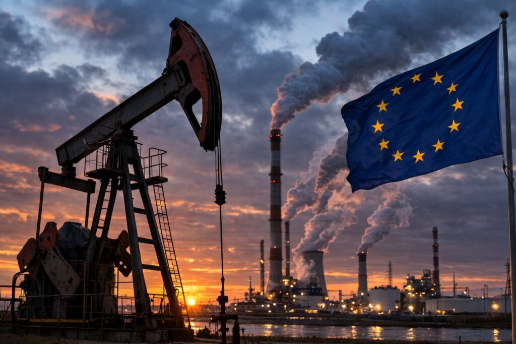 Una bandiera dell’Unione Europea che sventola in primo piano, con un impianto petrolifero e torri industriali sullo sfondo al tramonto
