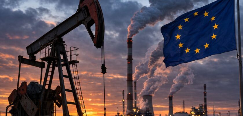 Una bandiera dell’Unione Europea che sventola in primo piano, con un impianto petrolifero e torri industriali sullo sfondo al tramonto