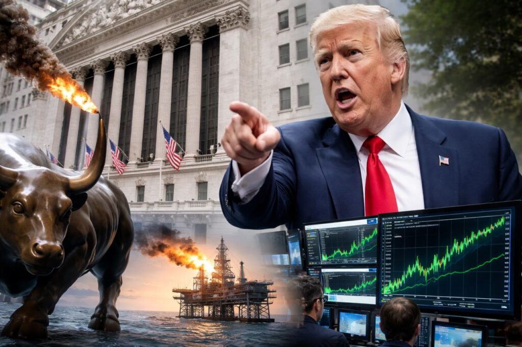 Montaggio fotografico con Donald Trump davanti al New York Stock Exchange, il Charging Bull di Wall Street, monitor con grafici di borsa in rialzo e una piattaforma petrolifera in fiamme