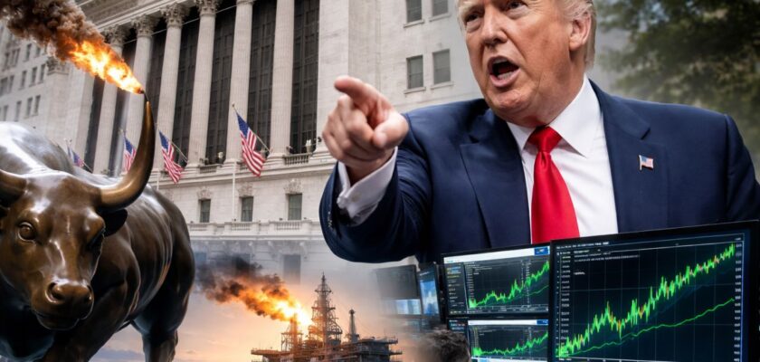 Montaggio fotografico con Donald Trump davanti al New York Stock Exchange, il Charging Bull di Wall Street, monitor con grafici di borsa in rialzo e una piattaforma petrolifera in fiamme
