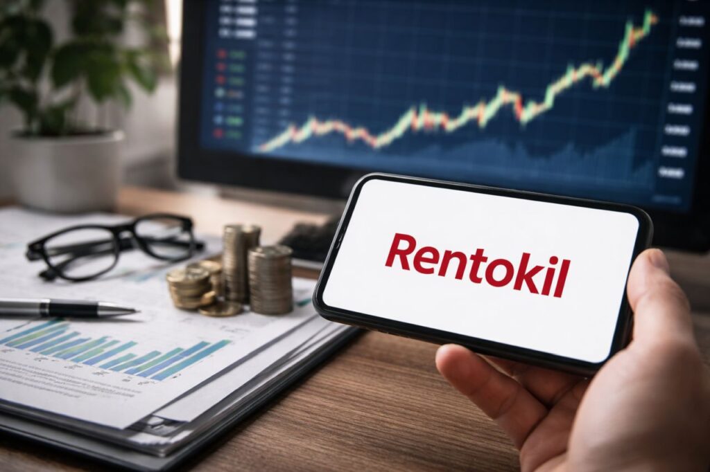 Smartphone con il logo di Rentokil davanti a documenti finanziari e monitor con grafico di Borsa in crescita