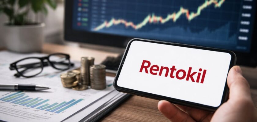 Smartphone con il logo di Rentokil davanti a documenti finanziari e monitor con grafico di Borsa in crescita