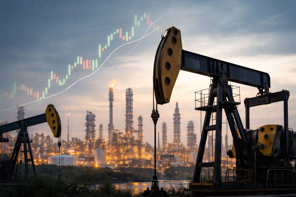 Raffineria petrolifera illuminata al tramonto con pompe di estrazione in primo piano e impianti industriali sullo sfondo