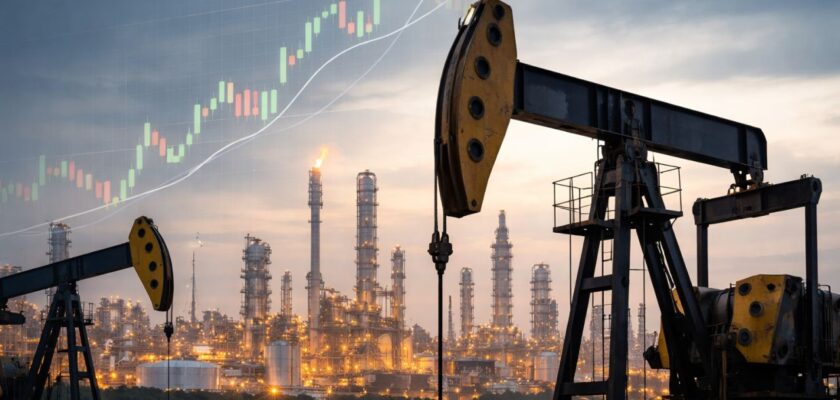 Raffineria petrolifera illuminata al tramonto con pompe di estrazione in primo piano e impianti industriali sullo sfondo